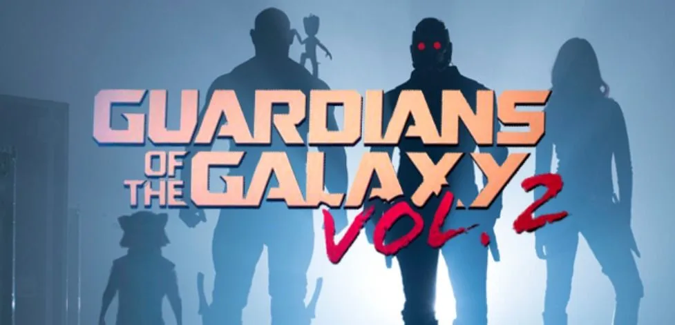Guardians of the Galaxy Vol. 2 title over blue silhouettes of the team, with Star-Lord's red goggles glowing at the center.