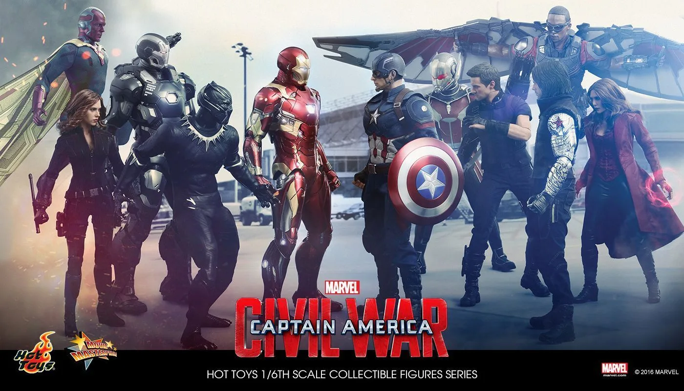 Hot Toys Civil War lineup with Captain America holding his shield opposite Iron Man, surrounded by Black Panther, Ant-Man, Falcon and other heroes.