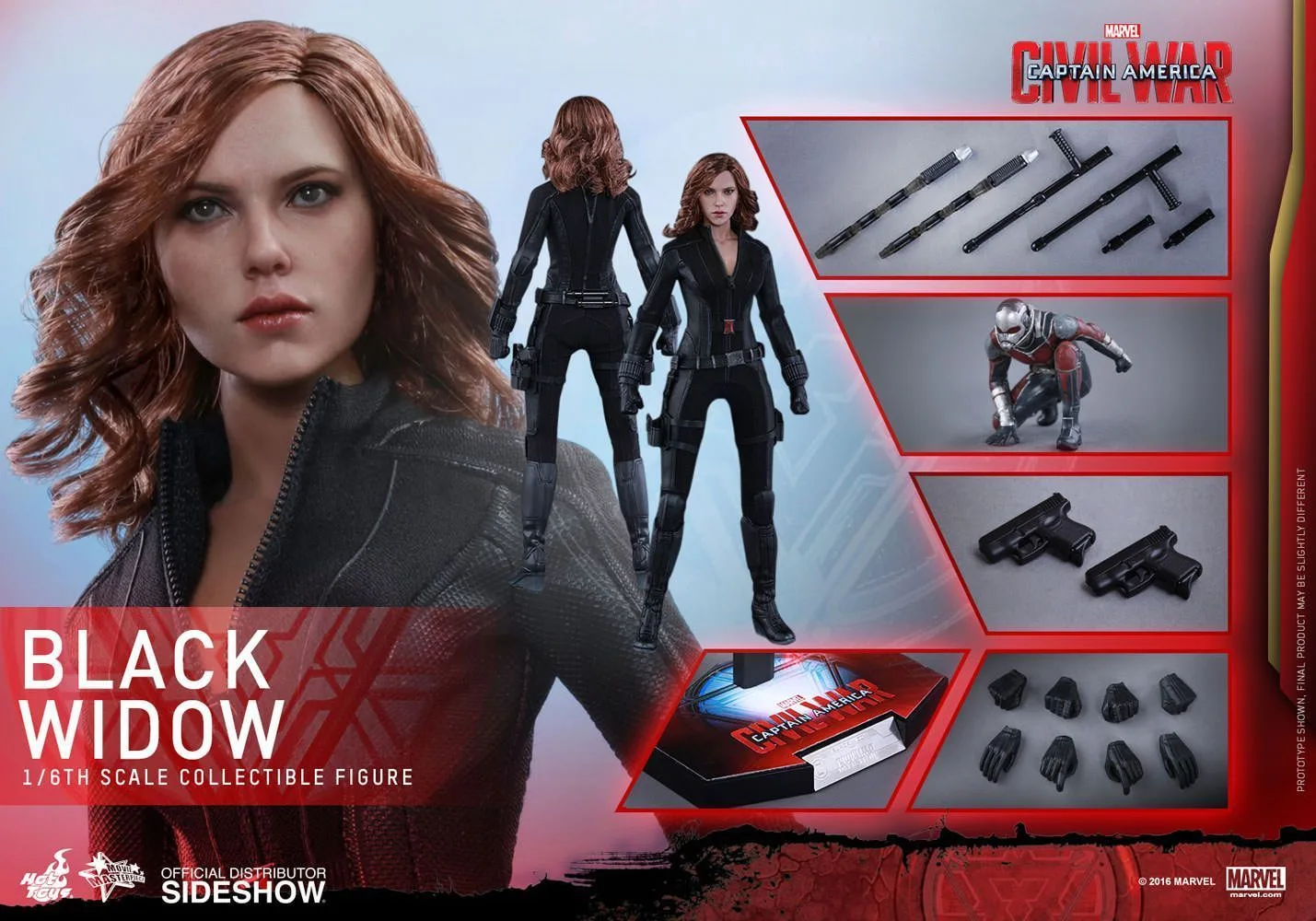 Hot Toys Civil War Black Widow product sheet showing her red-haired portrait, black suit, batons, pistols, hands and display stand.