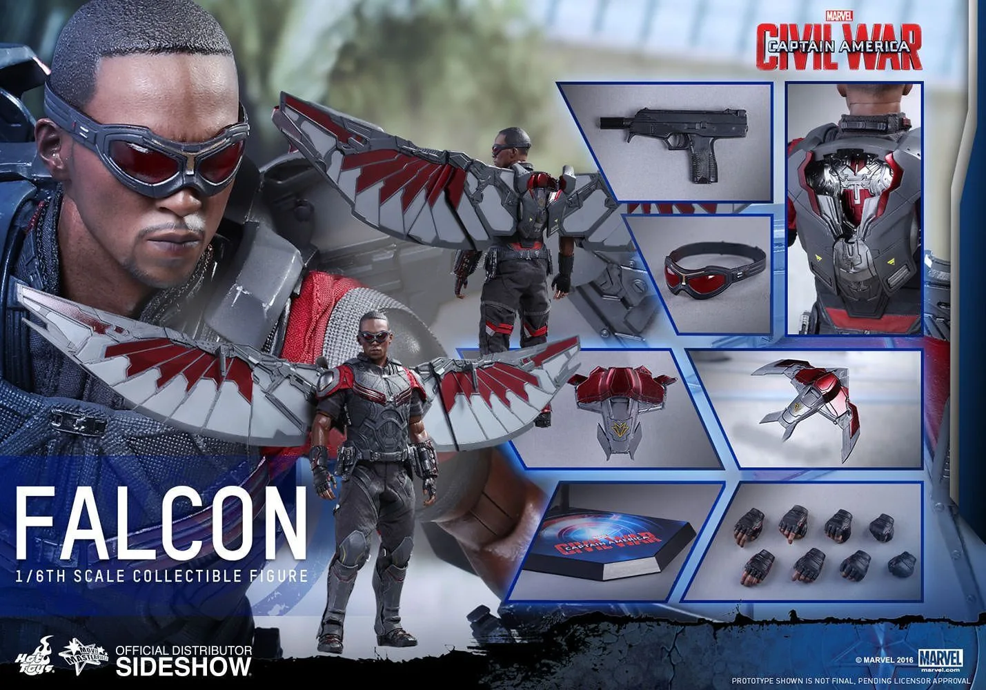 Hot Toys Civil War Falcon product sheet with a goggled head sculpt, spread wings, flight poses, Redwing drone, hands and display stand.