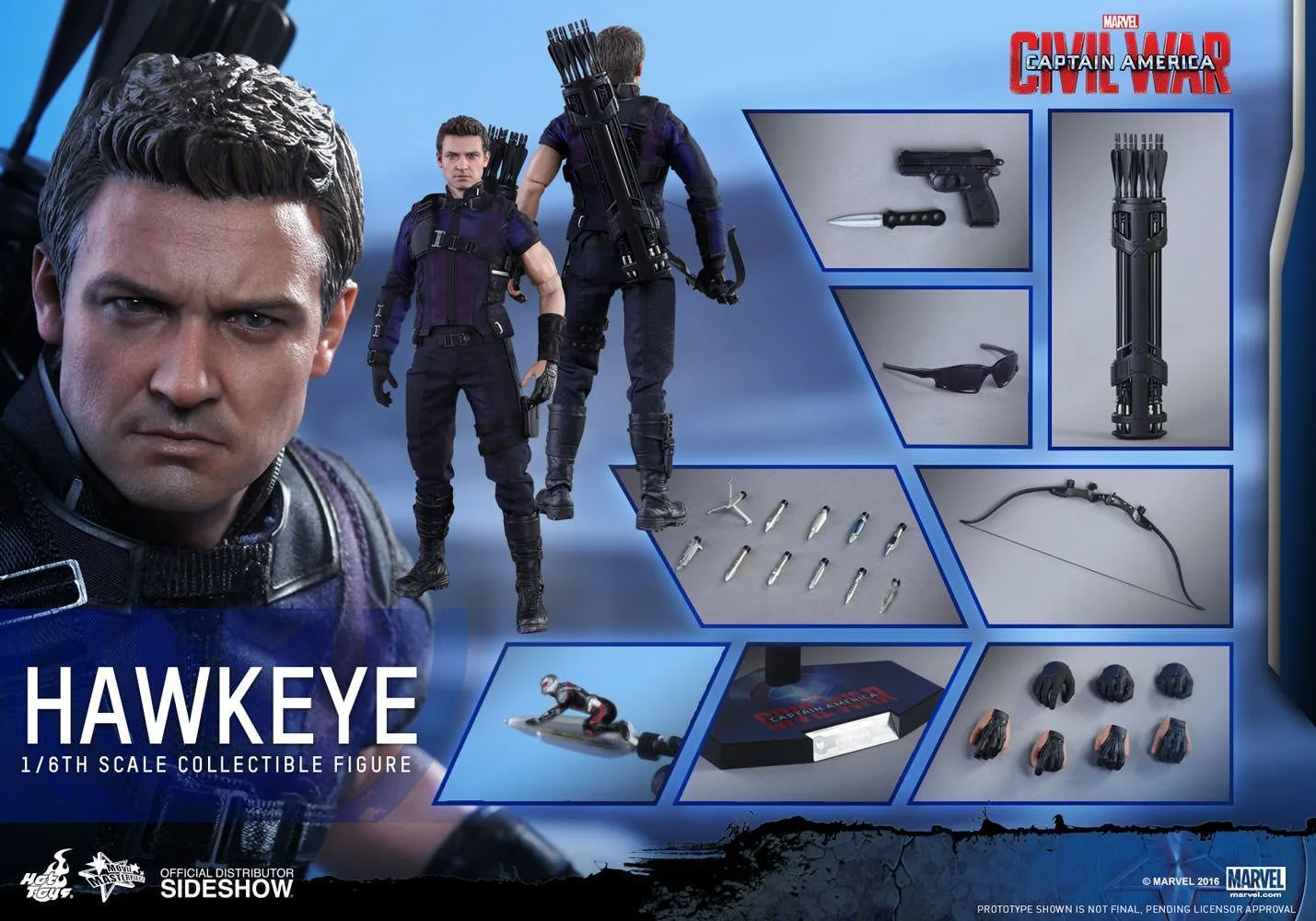 Hot Toys Civil War Hawkeye product sheet showing front and back views, a bow, arrows, quiver, pistol, interchangeable hands and stand.
