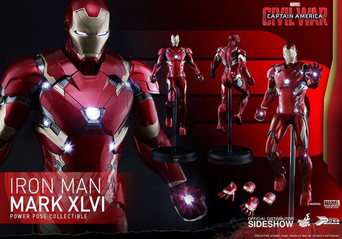 Hot Toys Iron Man Mark XLVI Power Pose collectible in red-and-gold armor, shown in several views with illuminated eyes, chest and repulsor palms.