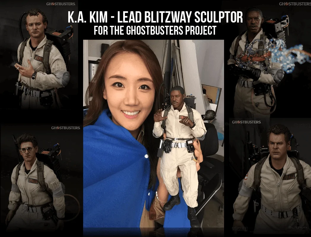 Collage labelled K.A. Kim, lead Blitzway sculptor, showing her holding a Ghostbusters figure among four character portraits.