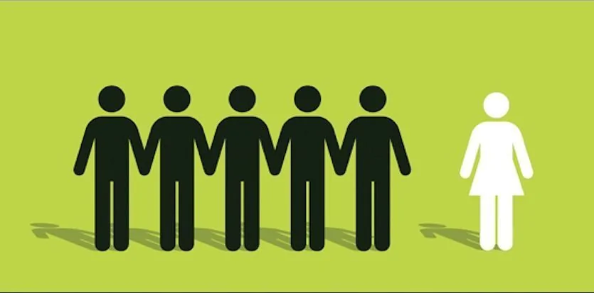 Illustration of five dark male pictograms grouped together and one separate white female pictogram on a lime-green background.