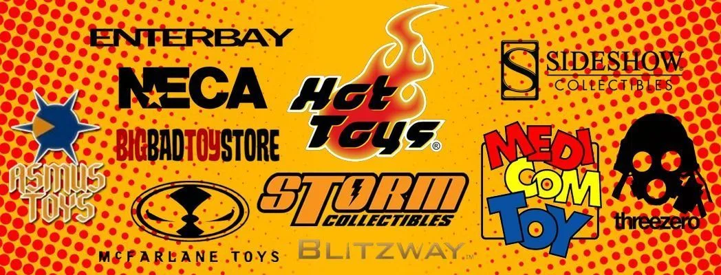 Collage of collectible company logos, including Hot Toys, NECA, Sideshow, Enterbay, Storm Collectibles, Medicom Toy, Blitzway and threezero.