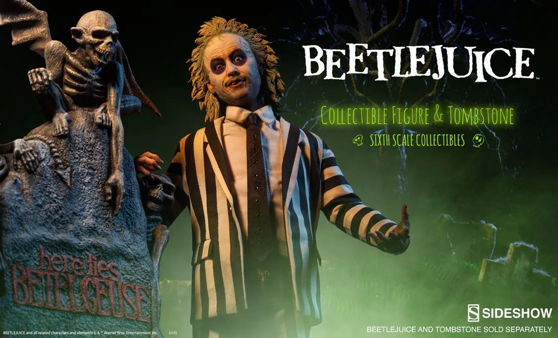 Sideshow promotional image of Beetlejuice beside a winged-creature tombstone, with text noting that the figure and tombstone are sold separately.