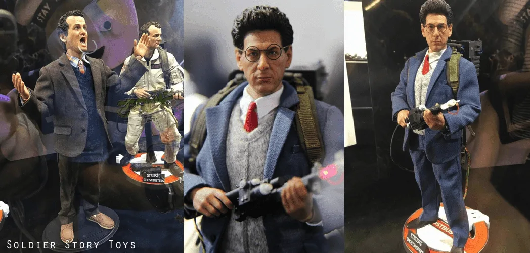 Soldier Story Ghostbusters display collage showing Venkman and Spengler figures, including blue business-suit outfits and proton gear.