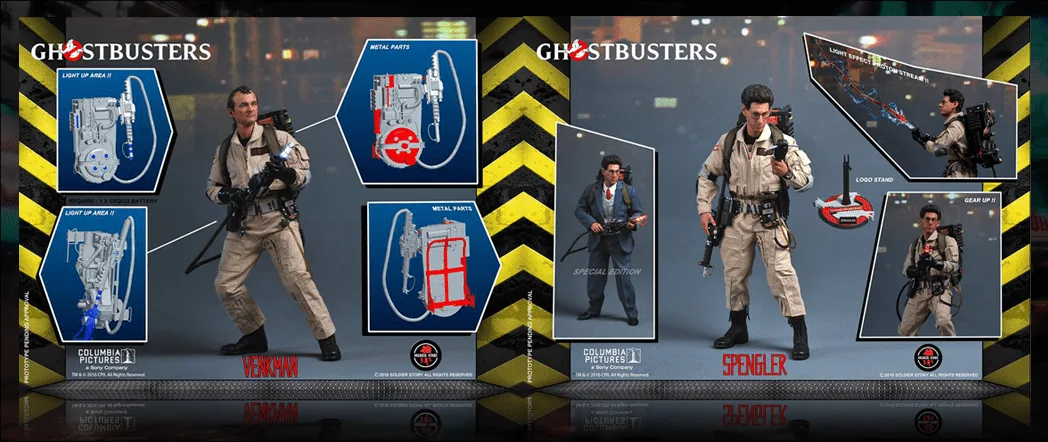 Side-by-side Soldier Story Peter Venkman and Egon Spengler promotional panels showing uniformed figures, suit variants and equipment details.