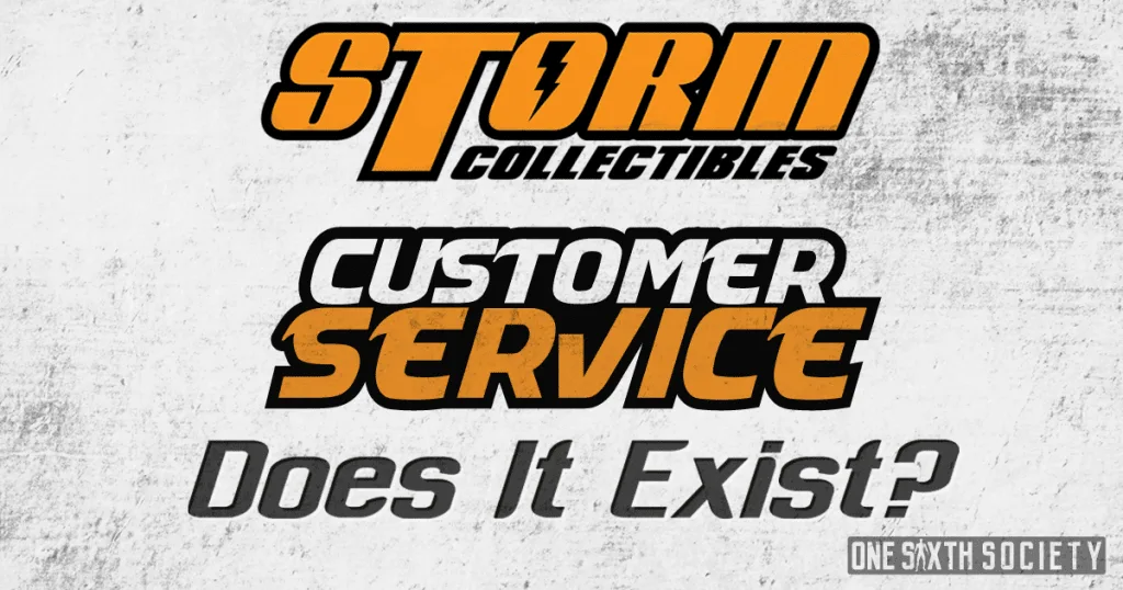 Storm Collectibles logo above the headline Customer Service: Does It Exist? on a textured white article banner.