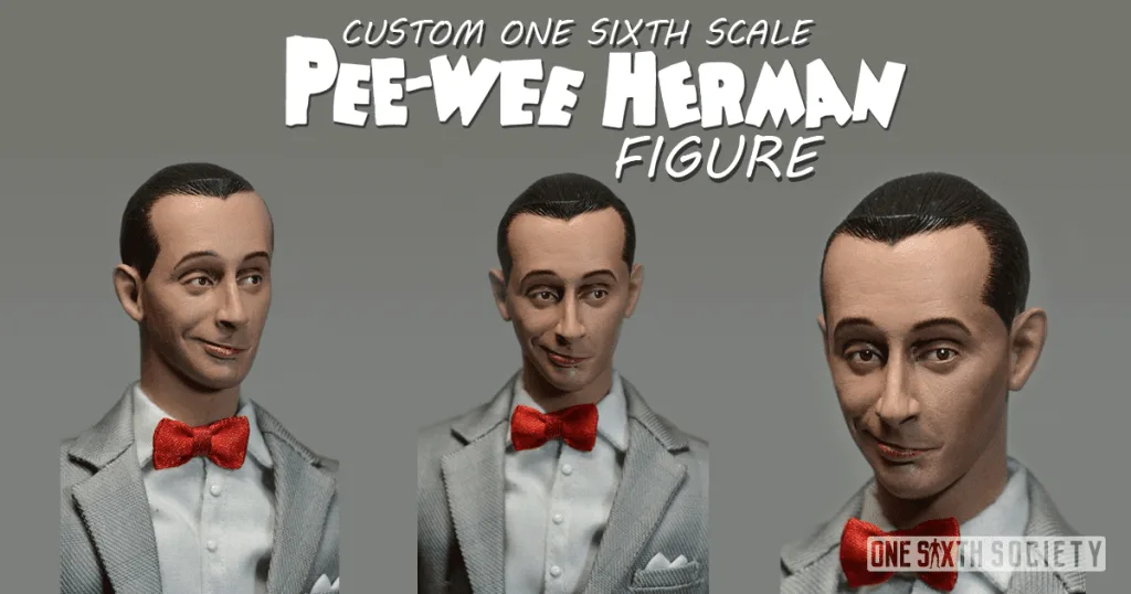 Three head-and-shoulder views of the custom Pee-wee Herman figure showing his short dark hair, smiling expression and red bow tie.