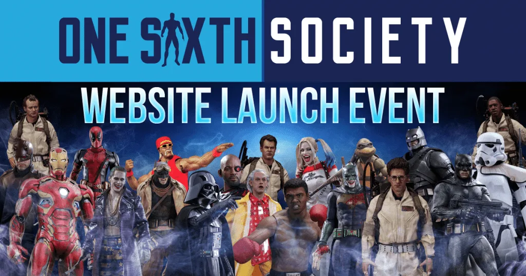 One Sixth Society website-launch graphic with a lineup of collectible characters beneath the blue-and-white community logo.