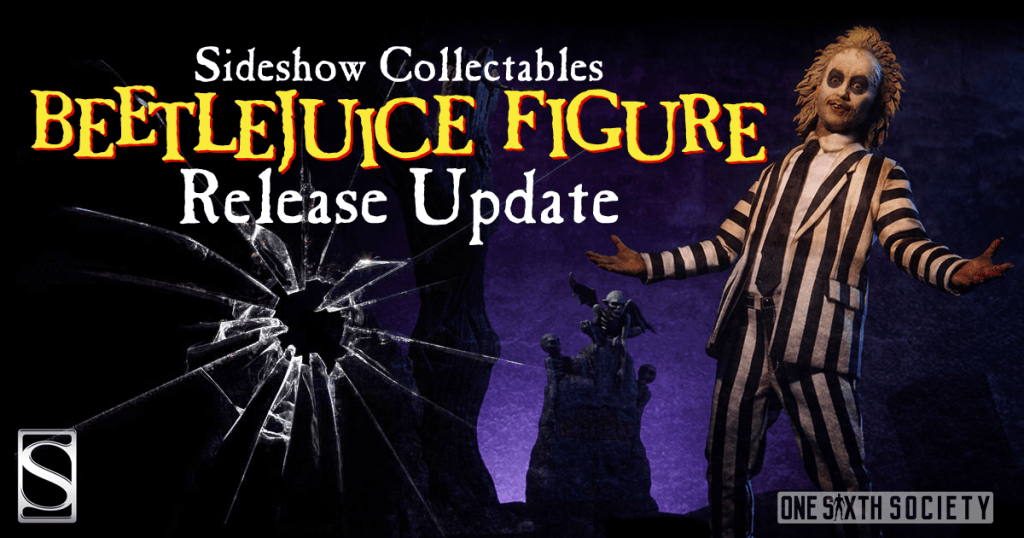 Beetlejuice figure with arms open beside release-update lettering, a tombstone silhouette and a cracked-glass design.