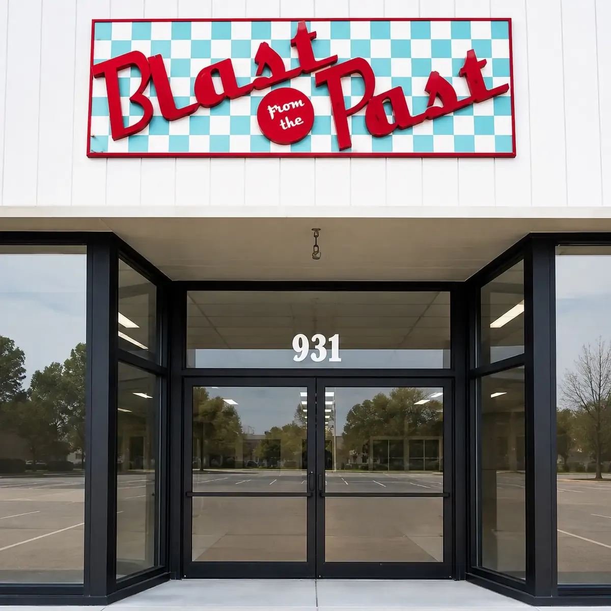 Storefront image labelled Blast from the Past, with a red-and-white checkered sign above a black-framed entrance.
