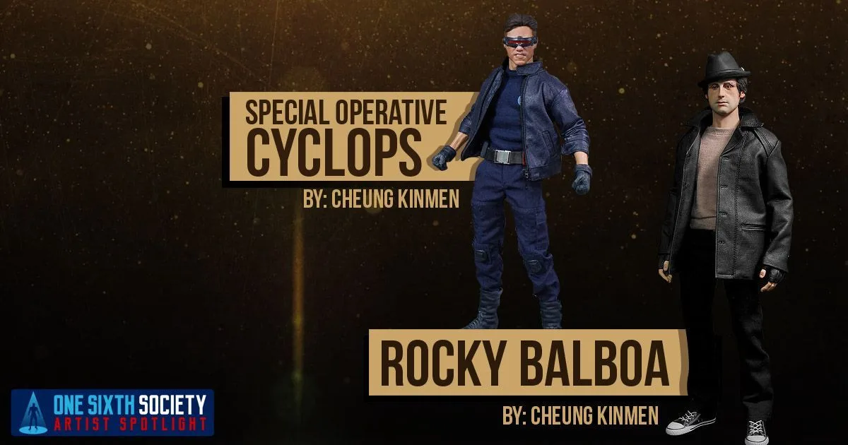 Custom Special Operative Cyclops in a blue outfit and red visor beside Rocky Balboa in a black hat and leather jacket.