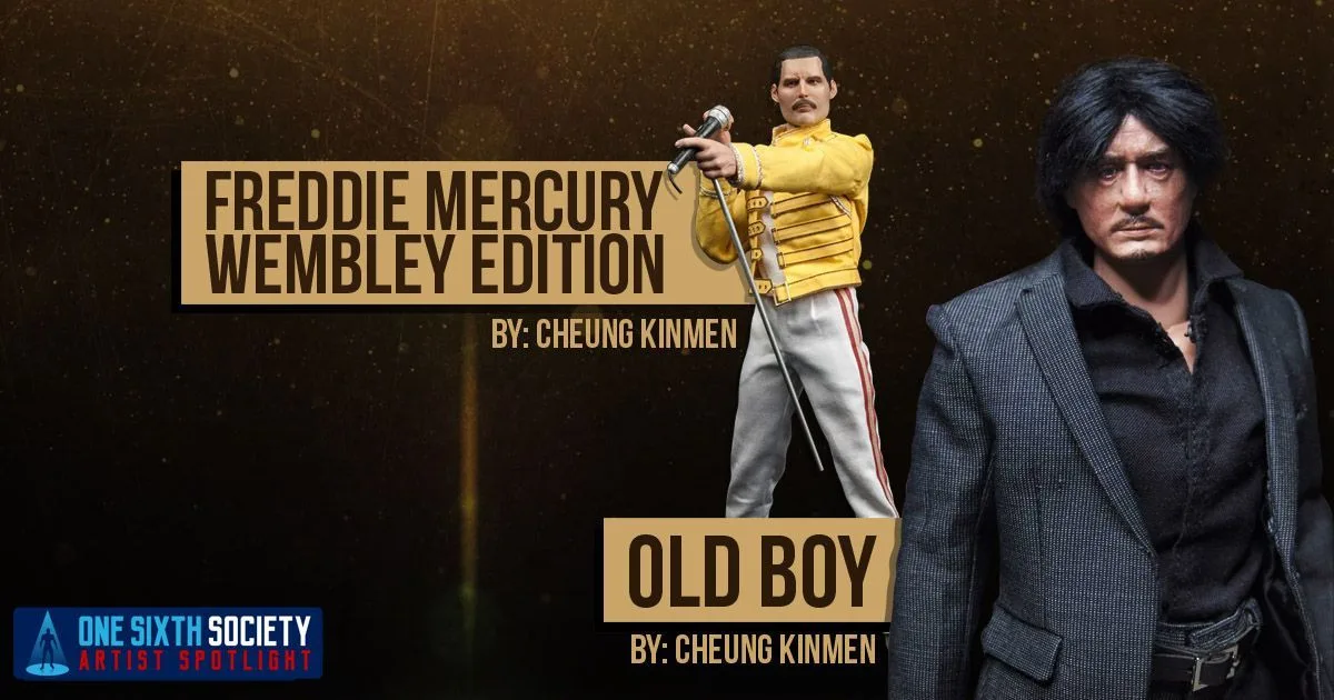 Cheung Kinmen portfolio pairing Freddie Mercury in a yellow stage jacket holding a microphone stand with an Oldboy figure in a dark suit.