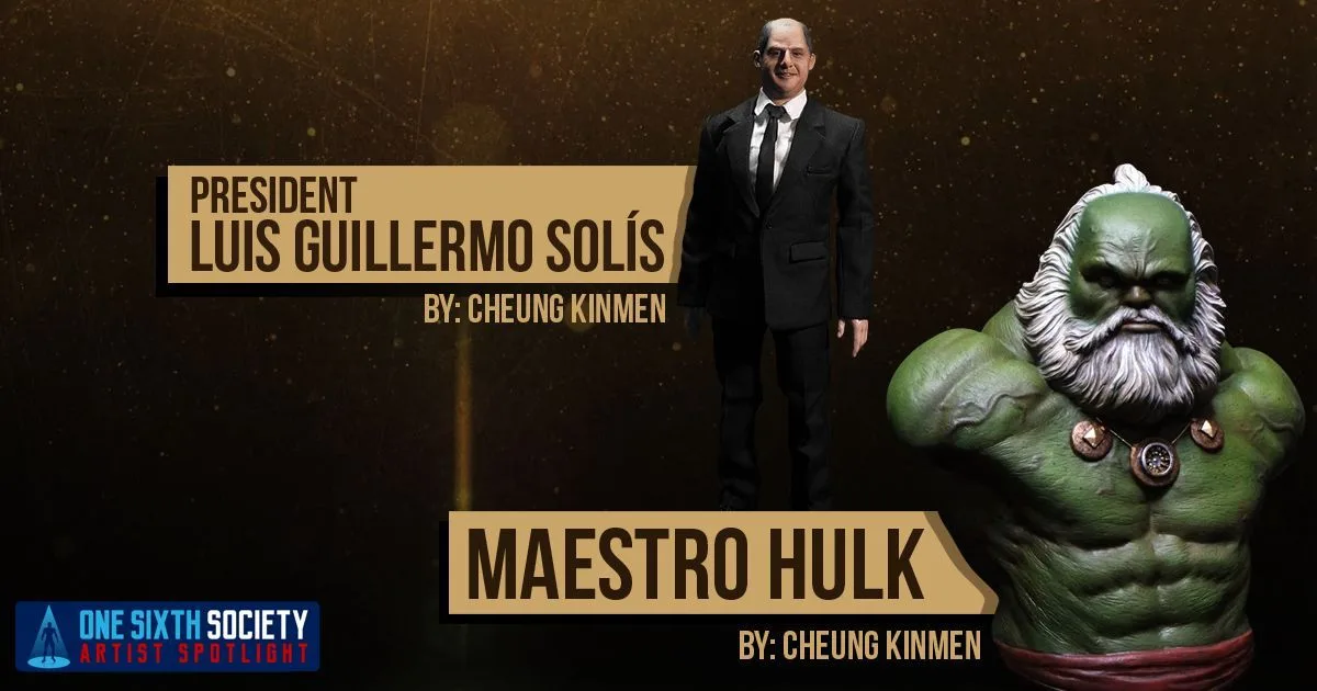 Cheung Kinmen portfolio showing a suited Luis Guillermo Solis figure beside a muscular green Maestro Hulk with white hair and beard.