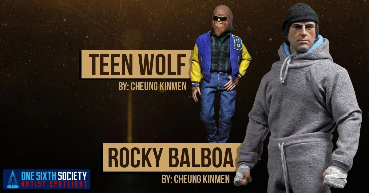 Custom Teen Wolf in a blue-and-yellow varsity jacket beside Rocky Balboa in a grey tracksuit and dark knit cap.