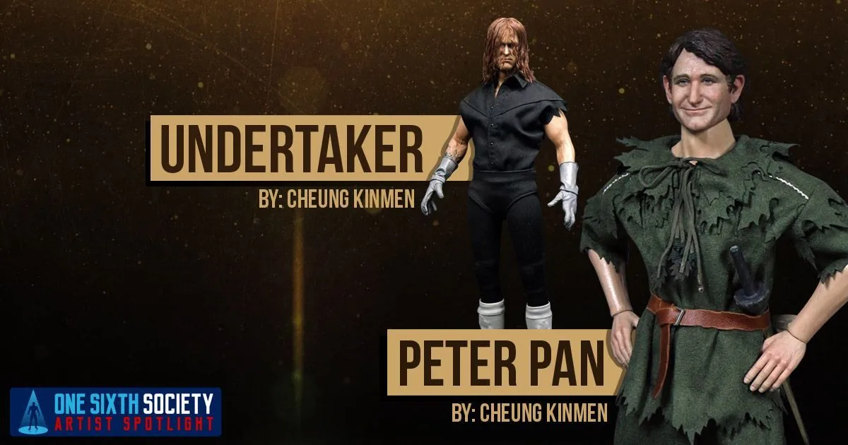 Cheung Kinmen's Undertaker figure dressed in black beside a smiling Peter Pan figure in a ragged green costume.