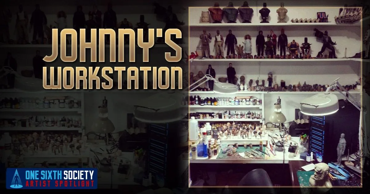 Cheung Kinmen's workstation with a task lamp, tools, paints and several shelves of figures and head sculpts.