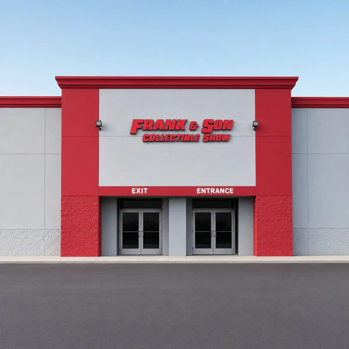 Red-and-gray Frank and Son Collectible Show entrance, with the venue name above separate entrance and exit doors.
