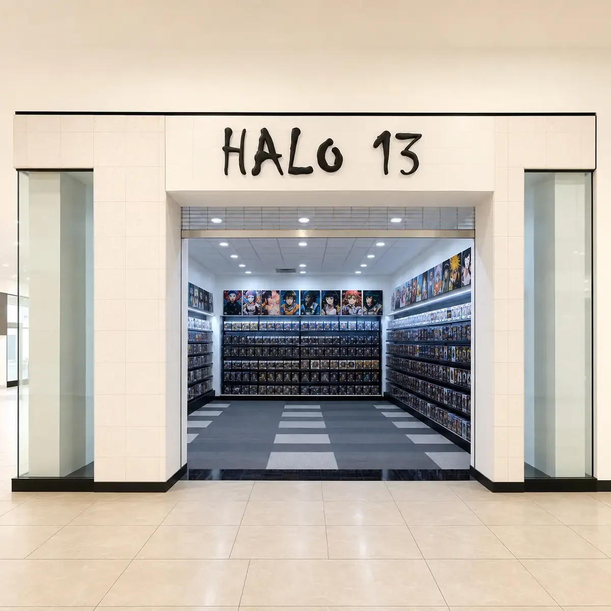 White Halo 13 shopfront inside a mall, with rows of boxed collectible figures visible through the open entrance.