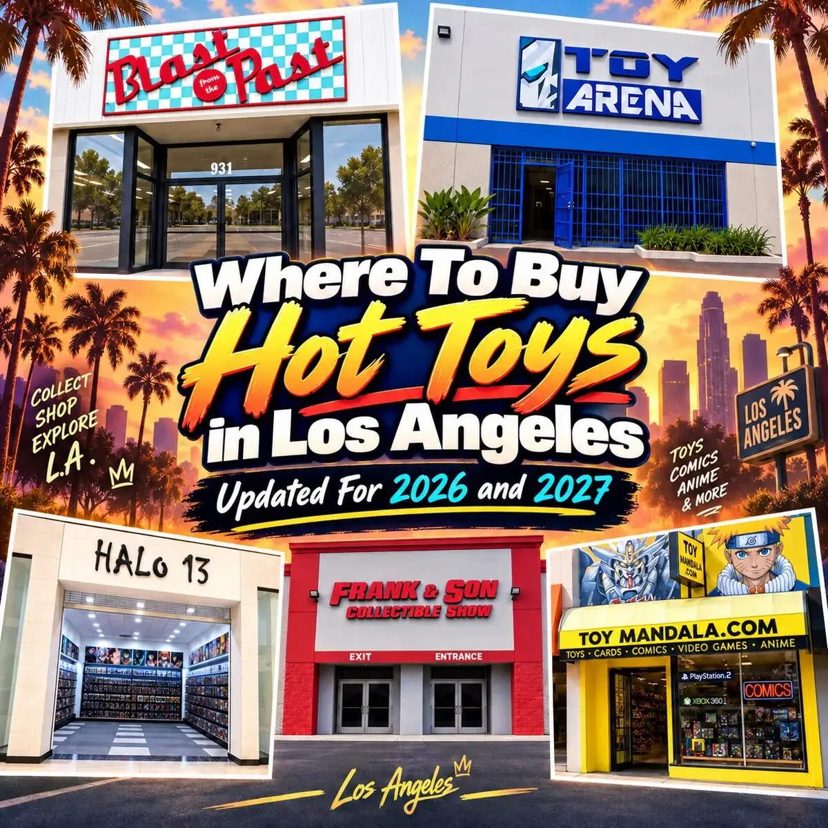 Los Angeles collectible-store guide artwork combining five labelled storefront images beneath a Hot Toys shopping headline.