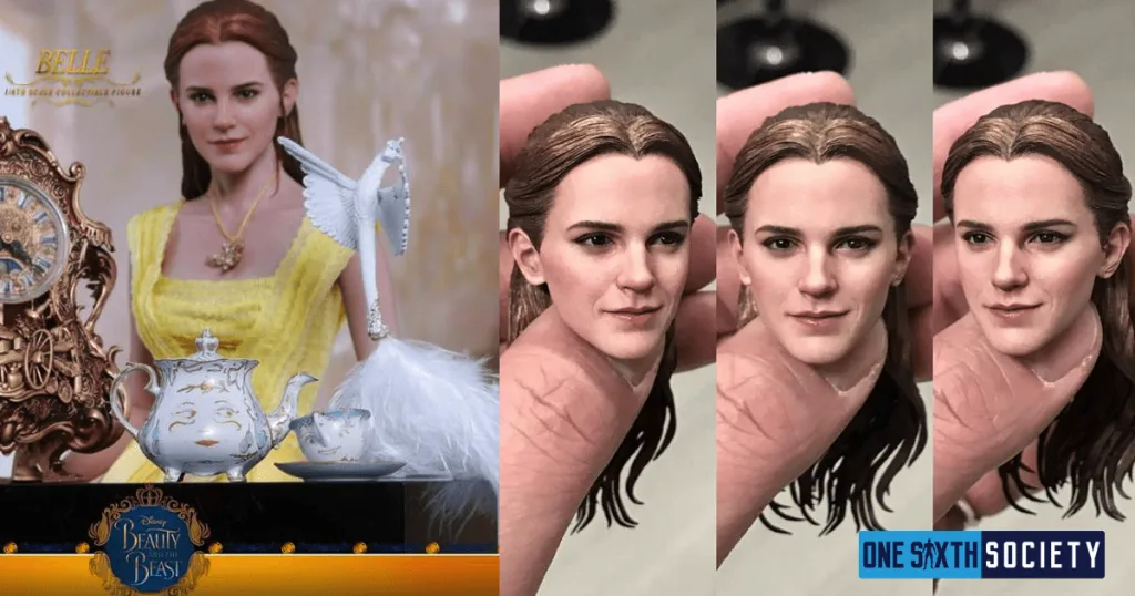 Belle figure with enchanted household characters beside three views of her painted head sculpt held between fingers.