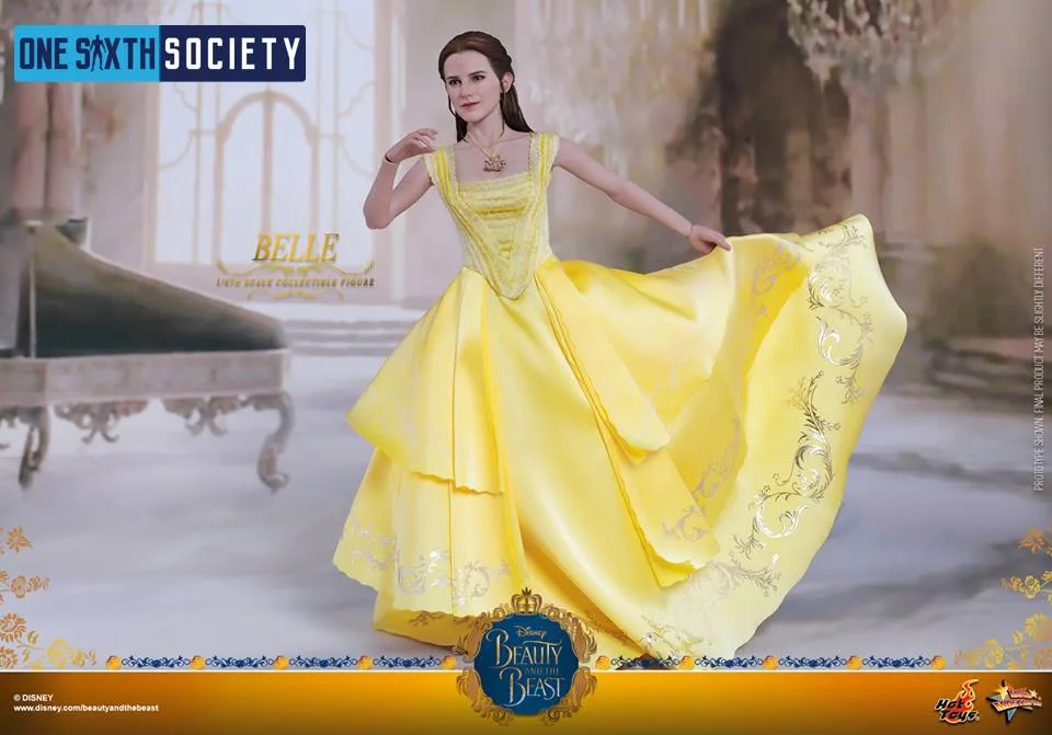 Belle figure lifting one side of her layered yellow gown while raising her other hand against a palace interior backdrop.