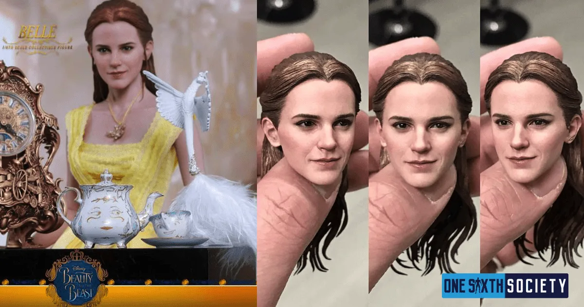 Belle figure with enchanted household characters beside three views of her painted head sculpt held between fingers.