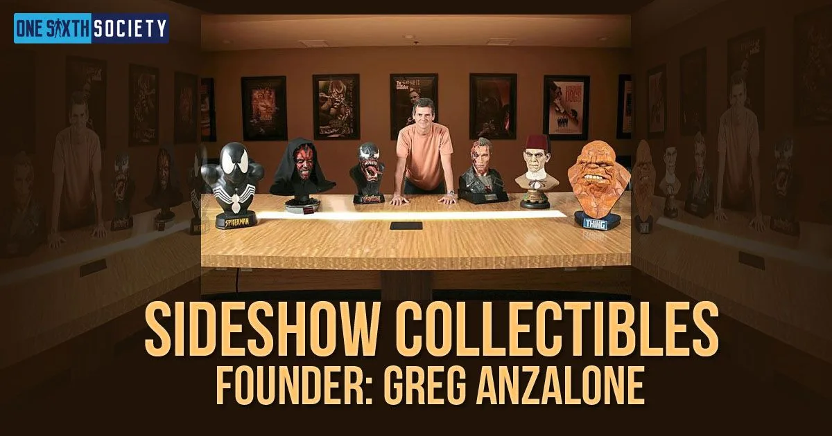 Sideshow Collectibles profile graphic labelled Greg Anzalone, showing a man behind a display of character busts.