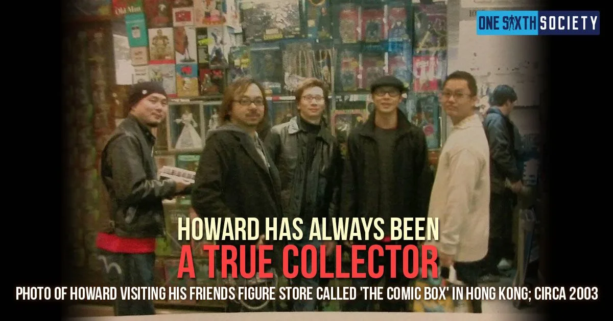 Group photograph inside a figure shop, captioned as Howard Chan visiting friends at the Comic Box store in Hong Kong.