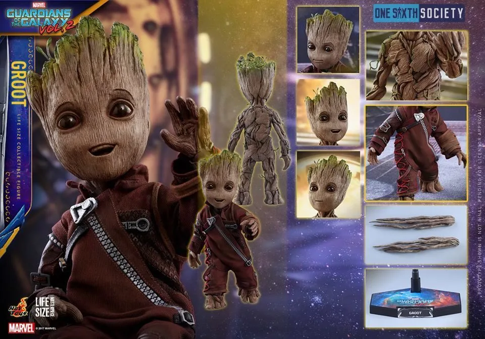Hot Toys Baby Groot layout with alternate faces, front and back views, a burgundy outfit, extended branch hands and a display stand.