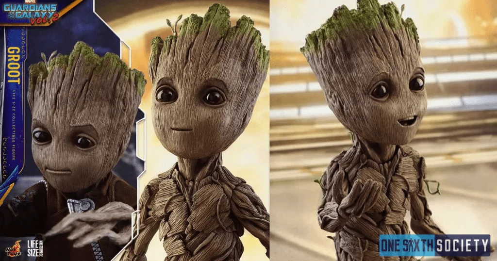 Three Baby Groot portraits showing different expressions, bark-like facial texture and green growth along the top of his head.