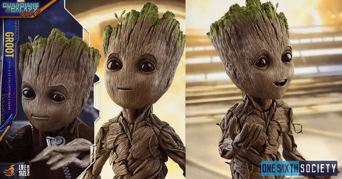 Three Baby Groot portraits showing different expressions, bark-like facial texture and green growth along the top of his head.