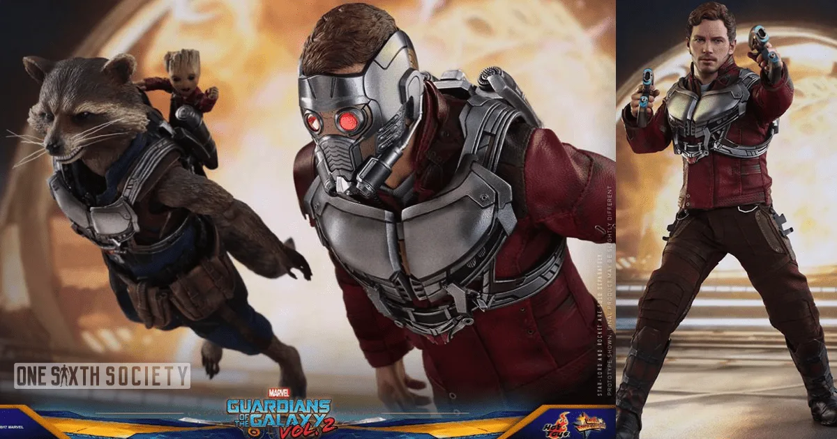 Guardians of the Galaxy Vol. 2 montage with helmeted Star-Lord, Rocket carrying Baby Groot and an unmasked Star-Lord aiming a blaster.
