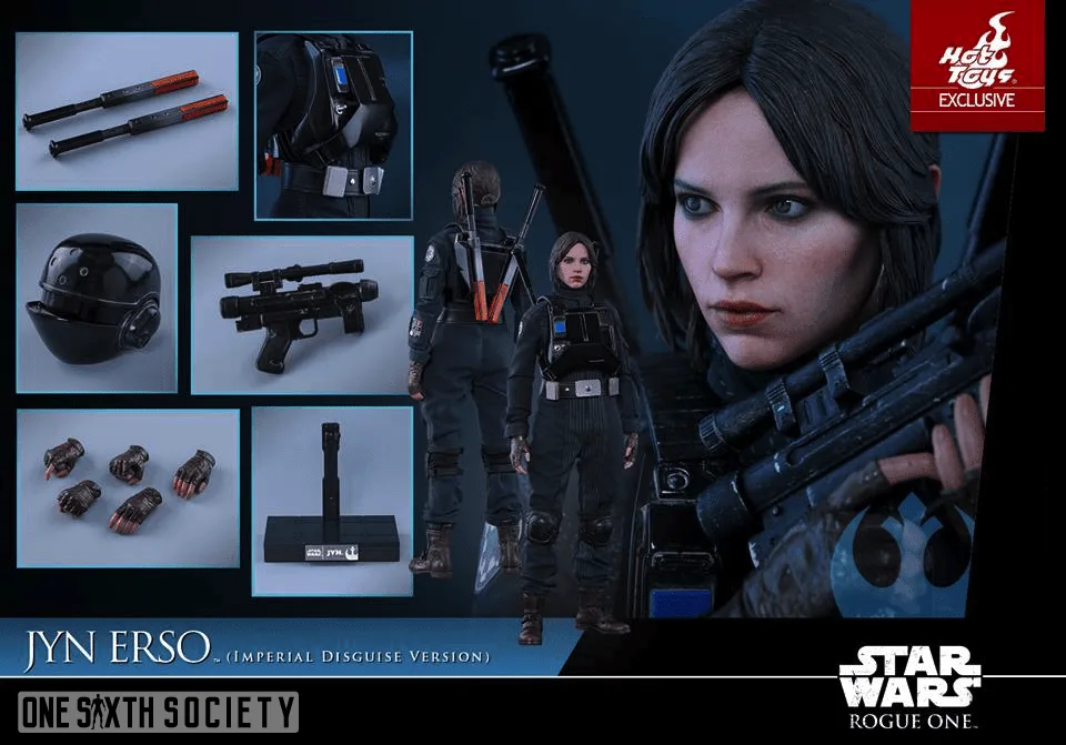 Jyn Erso promotional layout with front and back views, helmet, signaling batons, blaster, interchangeable hands and display stand.