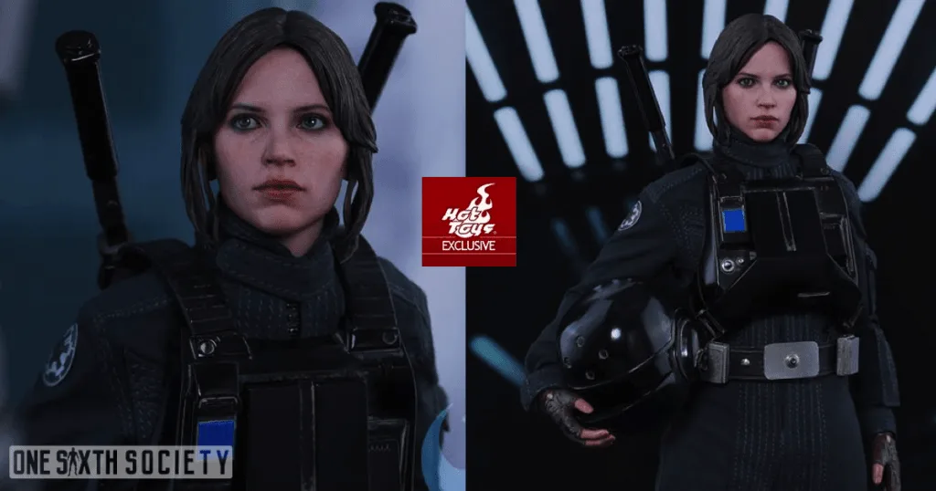 Jyn Erso figure in black Imperial Ground Crew clothing, shown in a close portrait and standing with a black helmet at her side.