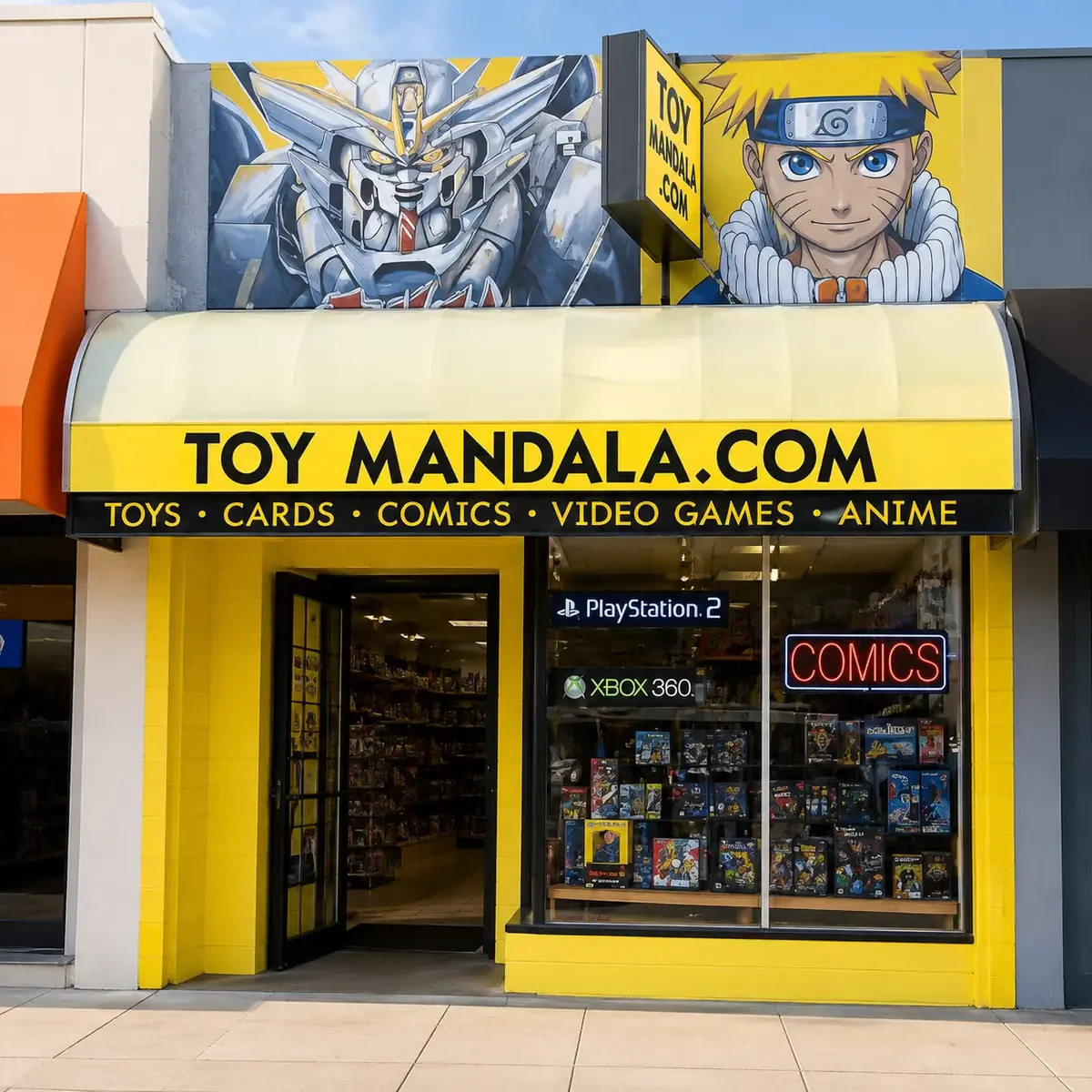 Toy Mandala storefront image with a bright yellow awning advertising toys, cards, comics, video games and anime.