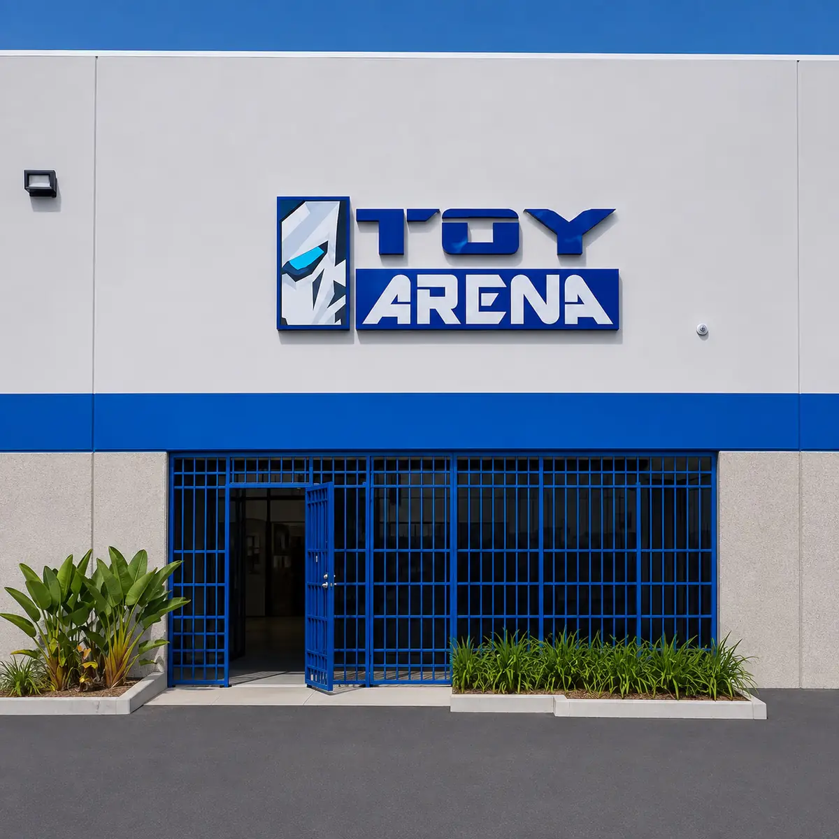 Blue-and-white ToyArena storefront image with a blue grille entrance and planters beside the doorway.