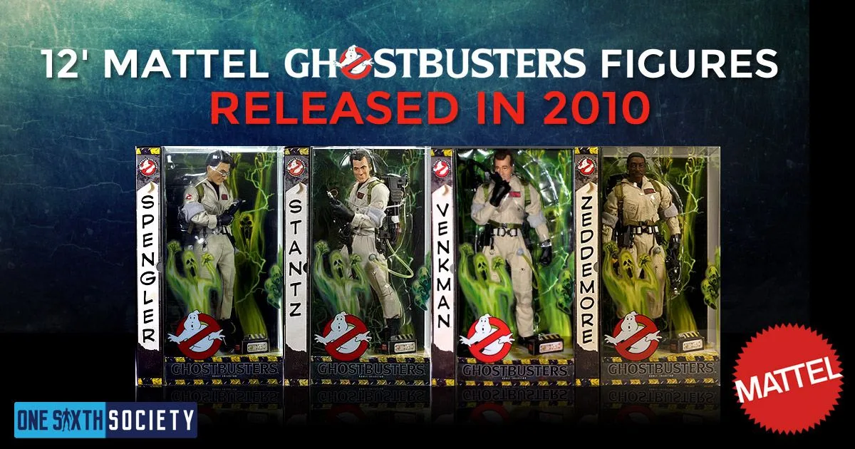Four boxed Mattel Ghostbusters figures labelled Spengler, Stantz, Venkman and Zeddemore in a historical comparison graphic.