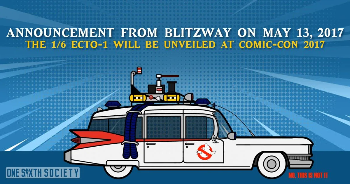 Side-view illustration of the Ghostbusters Ecto-1 beneath a historical announcement about Blitzway's Comic-Con 2017 unveiling.