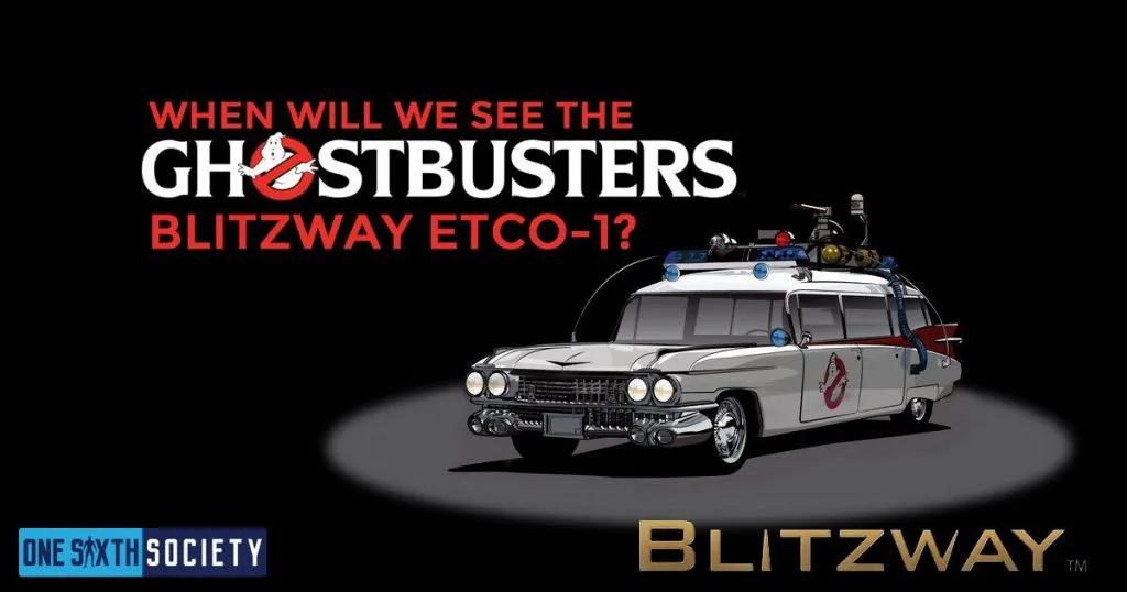 Illustrated Ghostbusters Ecto-1 beneath a question about the Blitzway reveal, with roof equipment and the no-ghost door logo.