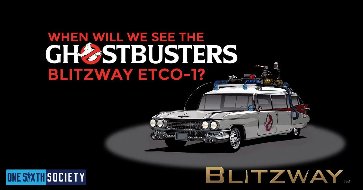Illustrated Ghostbusters Ecto-1 beneath a question about the Blitzway reveal, with roof equipment and the no-ghost door logo.