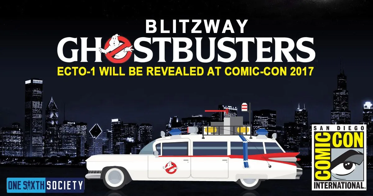 Side-view Ecto-1 illustration beneath a historical Comic-Con 2017 reveal announcement, beside the San Diego Comic-Con logo.