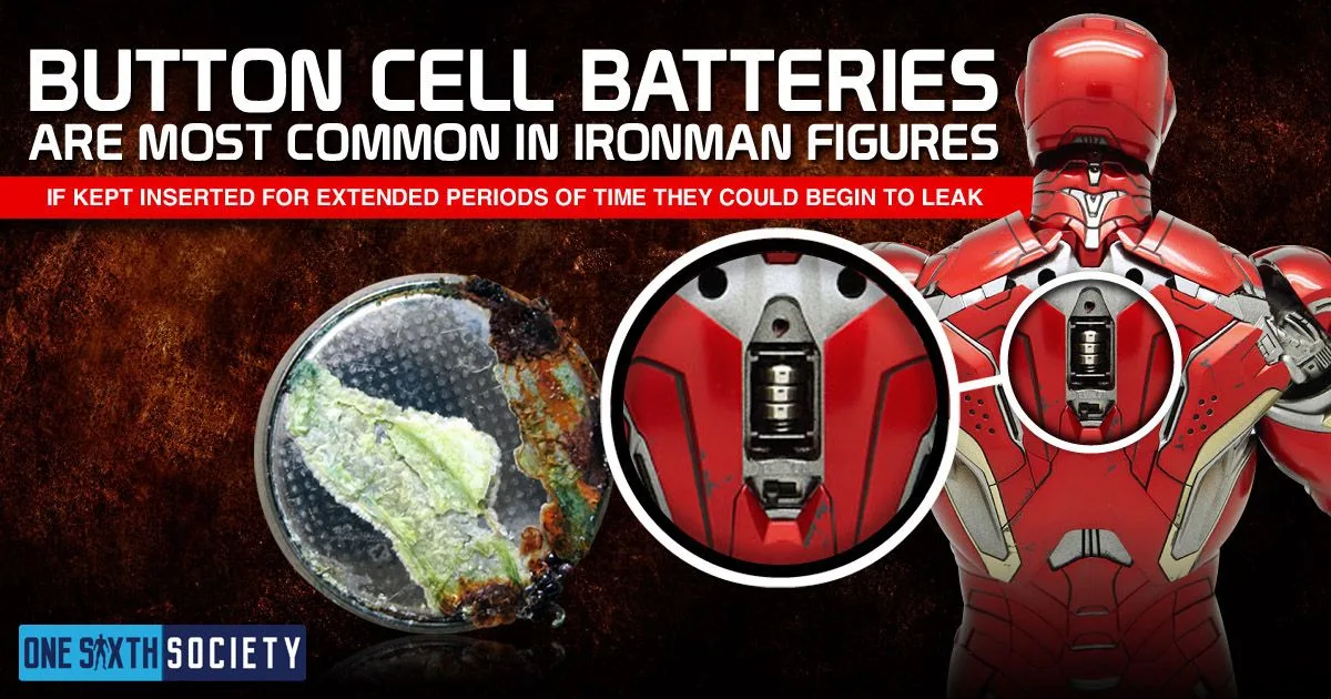 Graphic showing a corroded button cell beside an Iron Man figure's open back battery compartment and a leakage warning.