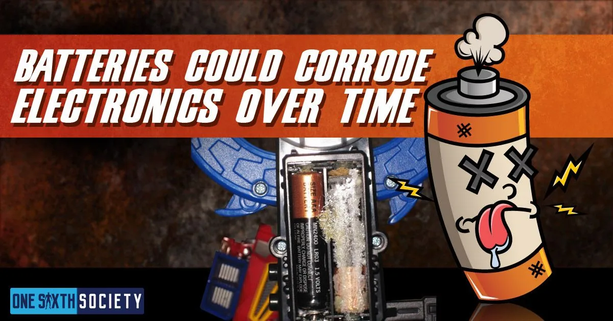 Toy battery compartment with visible white residue beside a cartoon exhausted battery and a warning about electronics corrosion.
