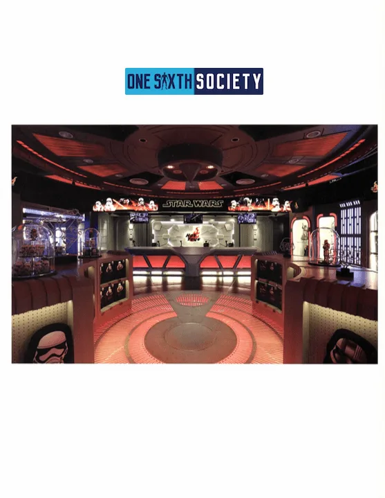 Hot Toys Secret Base store interior with illuminated figure displays, a central counter and a red circular ceiling feature.