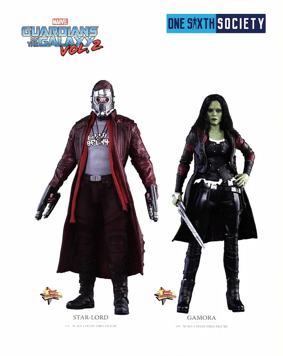 Hot Toys Star-Lord in a red coat with twin blasters and Gamora in dark clothing with a sword, pictured side by side.