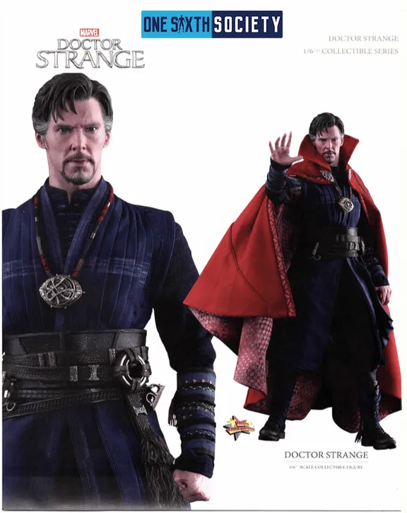 Hot Toys Doctor Strange head-sculpt close-up beside a full figure wearing a red cloak and raising a hand in a spell-casting pose.