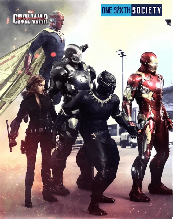 Hot Toys Civil War group display with Iron Man, Black Panther, War Machine, Black Widow and Vision.